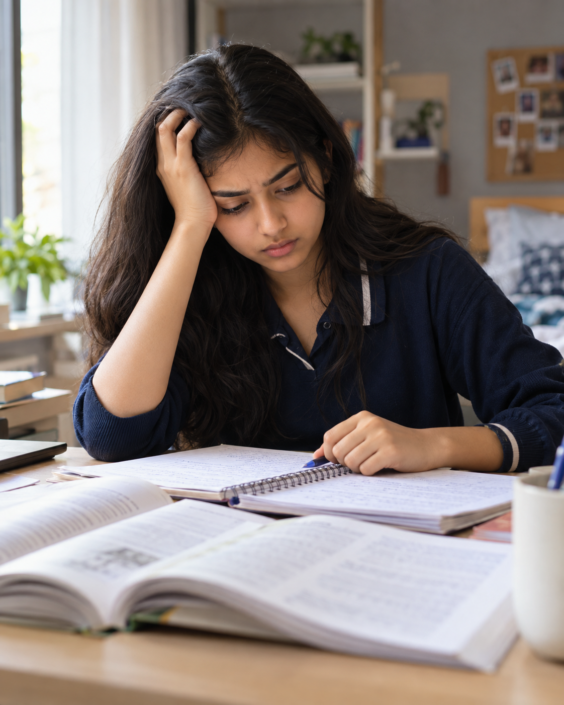 A student looking thoughtfully at study notes while preparing for board exams